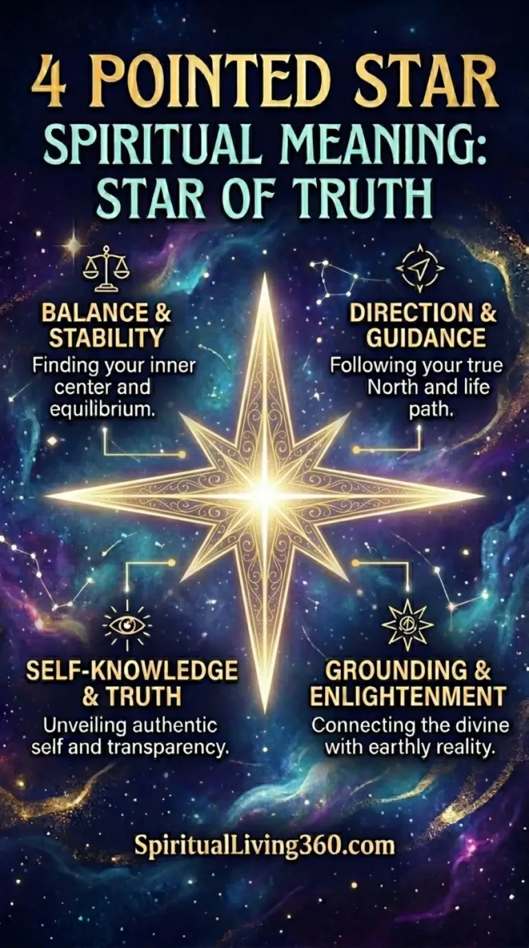A mystical infographic titled "4 POINTED STAR SPIRITUAL MEANING: STAR OF TRUTH" depicts a brilliant, glowing four-pointed star at the center of a deep space nebula. Four callout sections surround the star, featuring icons like a scale for "Balance & Stability" and a compass for "Direction & Guidance." Other sections highlight "Self-Knowledge & Truth" and "Grounding & Enlightenment," with short descriptive sentences for each. The background is filled with swirling blue and purple cosmic clouds, stars, and faint constellations, creating a profound sense of universal wisdom.