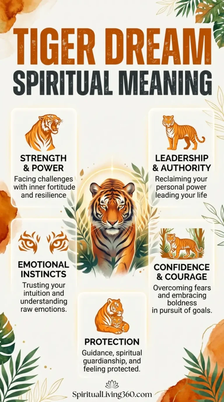 An elegant infographic titled "TIGER DREAM SPIRITUAL MEANING" features a large, realistic tiger head surrounded by tropical leaves at the center. Five square boxes contain smaller tiger illustrations and text describing specific dream symbols. These include "Strength & Power," "Leadership & Authority," "Emotional Instincts," "Confidence & Courage," and "Protection." The background is a clean off-white with subtle watercolor orange and green accents, creating a professional and spiritual aesthetic for interpreting animal totems.