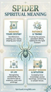 A beautifully designed infographic titled "SPIDER SPIRITUAL MEANING" features a gold-patterned spider on a delicate web at the center. Four rectangular boxes detail different spiritual aspects: "Weaving Your Destiny," "Patience & Timing," "Interconnectedness of Life," and "Ancient Wisdom & Intuition." Each box includes a thematic icon, such as a hand weaving a tapestry or an ancient scroll with an eye. The background is a soft, light teal with glowing sparkles and geometric borders, emphasizing the mystical nature of the spider's web.