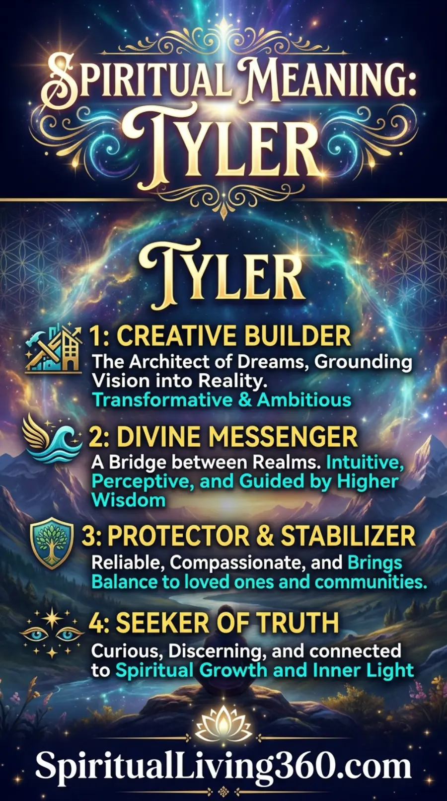 A detailed infographic titled "THE SPIRITUAL MEANING OF EARTHQUAKES" shows an artistic depiction of a glowing rift opening in the ground between mountains and pine trees. Below the illustration, five numbered points explain the symbolic significance of seismic activity. These include "Shifting Consciousness," "Breaking Old Patterns," and "Collective Release of Energy," each paired with a vibrant icon like a third eye or a globe. The color palette transitions from deep blues and purples to warm gold, suggesting a process of transformation and rising global awareness.