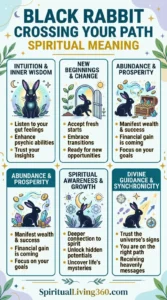 A bright and informative infographic titled "BLACK RABBIT CROSSING YOUR PATH SPIRITUAL MEANING" features six distinct columns. Each column contains a cute illustration of a black rabbit paired with a spiritual theme, such as "Intuition & Inner Wisdom," "New Beginnings & Change," and "Abundance & Prosperity." The rabbits are shown with mystical symbols like a third eye, a glowing moon, or a treasure chest full of gold. The design uses a clean white background with green leaf borders and gold stars to create a friendly, spiritual tone.