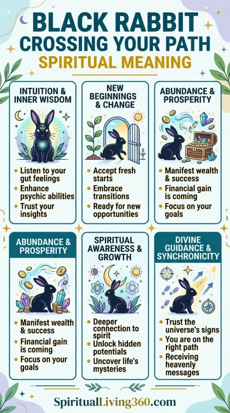 A bright and informative infographic titled "BLACK RABBIT CROSSING YOUR PATH SPIRITUAL MEANING" features six distinct columns. Each column contains a cute illustration of a black rabbit paired with a spiritual theme, such as "Intuition & Inner Wisdom," "New Beginnings & Change," and "Abundance & Prosperity." The rabbits are shown with mystical symbols like a third eye, a glowing moon, or a treasure chest full of gold. The design uses a clean white background with green leaf borders and gold stars to create a friendly, spiritual tone.