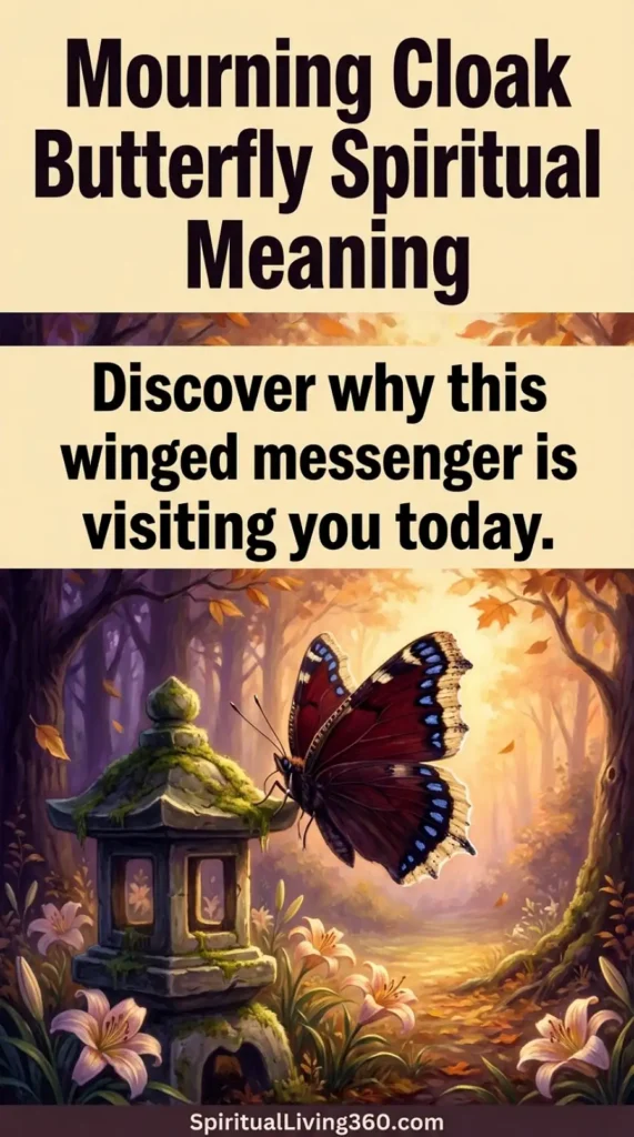 An enchanting digital painting illustrates a Mourning Cloak butterfly with deep burgundy and black wings hovering near a moss-covered stone lantern in a sun-drenched forest. The butterfly's wings are detailed with a signature row of bright blue spots and a creamy yellow tattered edge, set against a background of soft pink lilies and golden autumn leaves. Above the scene, large black text on a pale cream header reads "Mourning Cloak Butterfly Spiritual Meaning" followed by a sub-headline about a winged messenger visiting. Warm, ethereal light filters through the trees, creating a peaceful and mystical atmosphere that highlights the butterfly as a central focal point