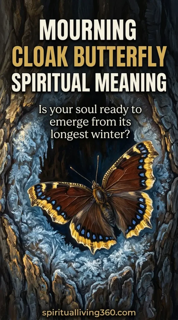 A detailed illustration depicts a Mourning Cloak butterfly with its wings spread wide against a backdrop of dark, textured tree bark and patches of crystalline frost. The butterfly features deep maroon-brown wings bordered by a vibrant yellow edge and a row of iridescent blue spots nestled within a black band. Above the insect, the text "MOURNING CLOAK BUTTERFLY SPIRITUAL MEANING" is displayed in bold, capitalized cream and gold lettering. The overall composition uses a vertical orientation to highlight the contrast between the warm tones of the butterfly and the cold, wintry textures of the hollowed tree.