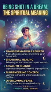 This evocative infographic titled "Being Shot in a Dream: The Spiritual Meaning" depicts a young man sitting up in bed, looking surprised as colorful, swirling energy tendrils rise from his chest. The scene is set in a dark bedroom filled with floating sparkles, butterflies, and a crescent moon, creating a dreamlike and transformative atmosphere. Five bullet points at the bottom of the image outline different interpretations, such as "Transformation & Rebirth" and "Overcoming Fears." The use of vibrant purples, blues, and golds suggests a positive spiritual evolution despite the startling subject matter.