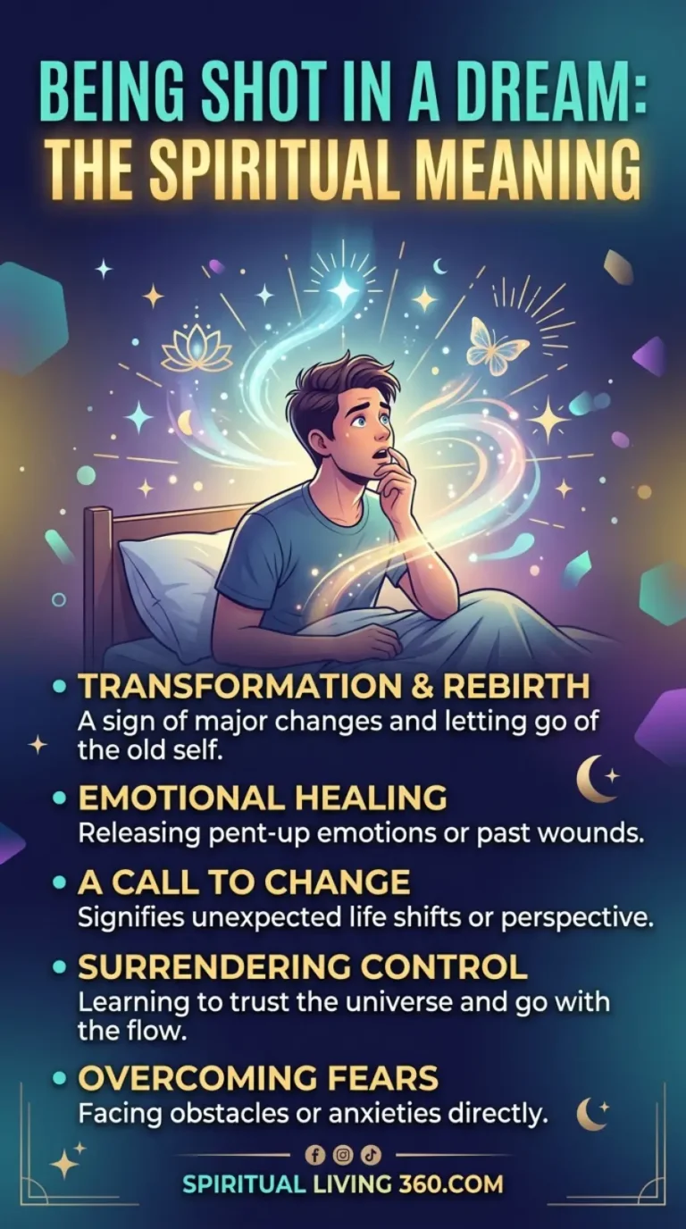This evocative infographic titled "Being Shot in a Dream: The Spiritual Meaning" depicts a young man sitting up in bed, looking surprised as colorful, swirling energy tendrils rise from his chest. The scene is set in a dark bedroom filled with floating sparkles, butterflies, and a crescent moon, creating a dreamlike and transformative atmosphere. Five bullet points at the bottom of the image outline different interpretations, such as "Transformation & Rebirth" and "Overcoming Fears." The use of vibrant purples, blues, and golds suggests a positive spiritual evolution despite the startling subject matter.