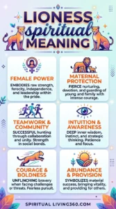 This vibrant infographic features a central title reading "Lioness Spiritual Meaning" set against a soft, glowing pastel background with floating sparkles. Two illustrated lionesses stand at the top corners, flanking the main header with a confident and regal posture. Below the title, six distinct white cards are arranged in a grid, each featuring a colorful icon and a specific spiritual attribute. The bottom of the image features stylized autumn leaves in the corners and the website URL for SpiritualLiving360.com.