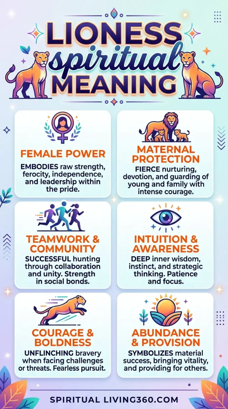 This vibrant infographic features a central title reading "Lioness Spiritual Meaning" set against a soft, glowing pastel background with floating sparkles. Two illustrated lionesses stand at the top corners, flanking the main header with a confident and regal posture. Below the title, six distinct white cards are arranged in a grid, each featuring a colorful icon and a specific spiritual attribute. The bottom of the image features stylized autumn leaves in the corners and the website URL for SpiritualLiving360.com.