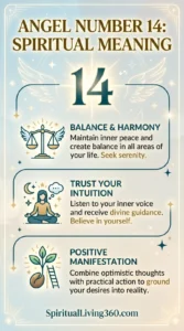 This bright and airy infographic titled "Angel Number 14: Spiritual Meaning" features a soft blue sky background with golden sparkles and corner sunbursts. A central white number fourteen is framed by a thin gold line and stylized angel wings, sitting above a winding path that connects three information blocks. Each block contains a colorful icon—a scale for balance, a meditating woman for intuition, and a growing sprout for manifestation. The design is clean and uplifting, using a combination of teal and gold text to highlight key spiritual concepts.