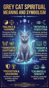 A majestic grey cat with glowing teal patterns on its fur sits at the center of this "Grey Cat Spiritual Meaning and Symbolism" infographic. The cat is framed by a complex, glowing blue sacred geometry pattern and various lunar phases against a dark, starry night sky background. Six symbolic icons are arranged around the cat, including a yin-yang, a golden shield, and a lotus flower, each with a title and description. The art style is mystical and high-fantasy, featuring vibrant neon blue light effects that emanate from the central feline figure.