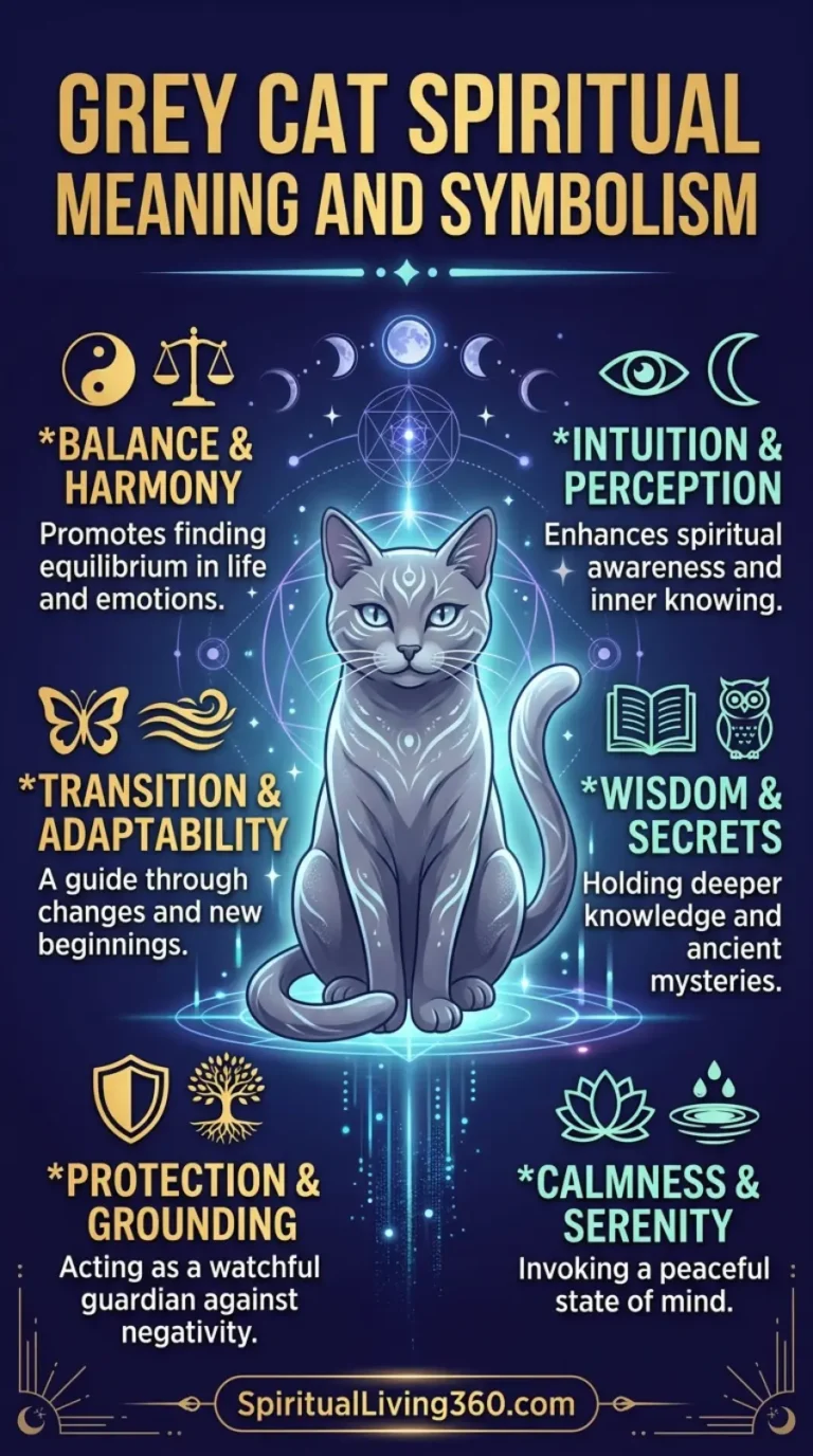 A majestic grey cat with glowing teal patterns on its fur sits at the center of this "Grey Cat Spiritual Meaning and Symbolism" infographic. The cat is framed by a complex, glowing blue sacred geometry pattern and various lunar phases against a dark, starry night sky background. Six symbolic icons are arranged around the cat, including a yin-yang, a golden shield, and a lotus flower, each with a title and description. The art style is mystical and high-fantasy, featuring vibrant neon blue light effects that emanate from the central feline figure.