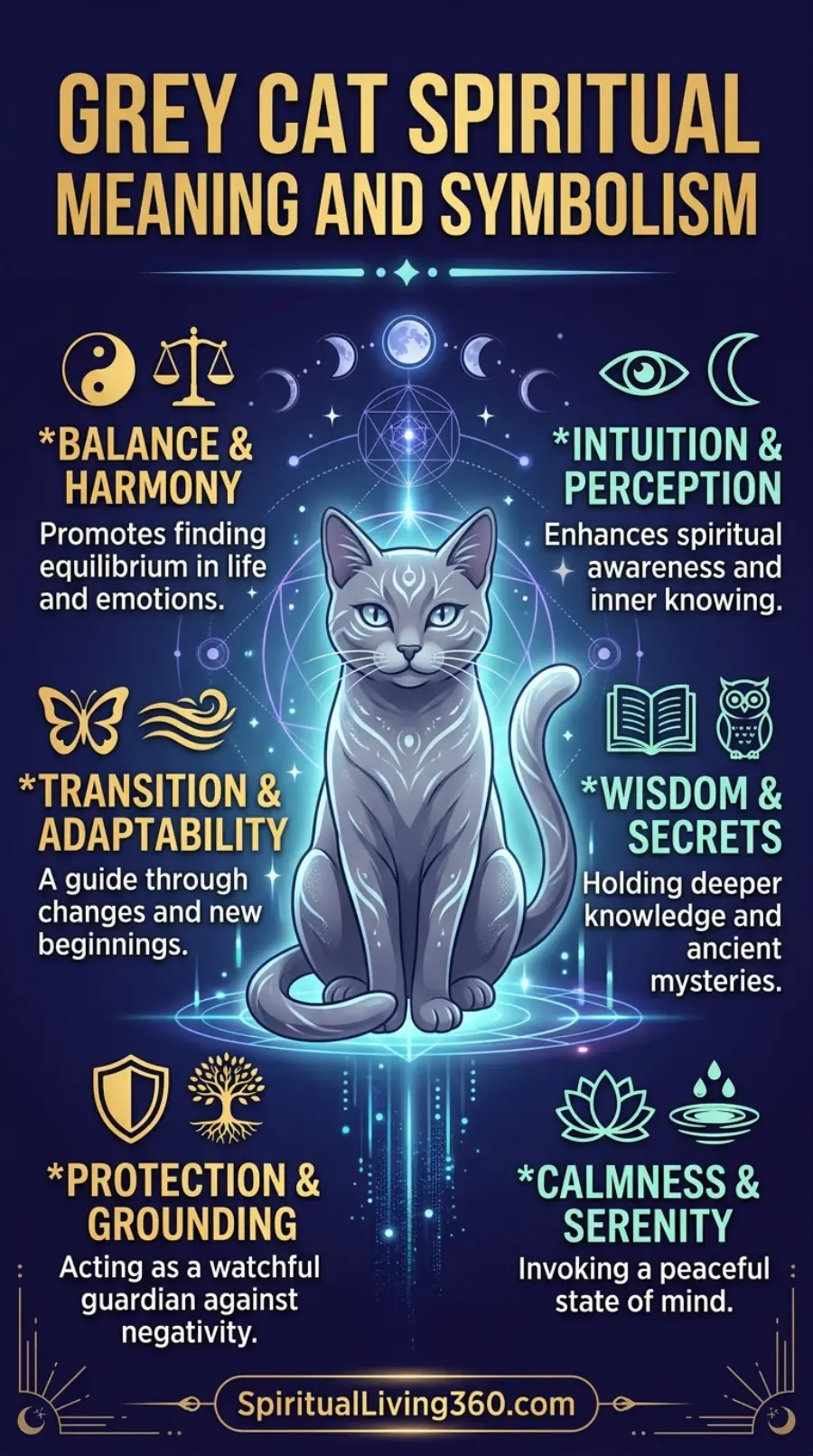 A majestic grey cat with glowing teal patterns on its fur sits at the center of this "Grey Cat Spiritual Meaning and Symbolism" infographic. The cat is framed by a complex, glowing blue sacred geometry pattern and various lunar phases against a dark, starry night sky background. Six symbolic icons are arranged around the cat, including a yin-yang, a golden shield, and a lotus flower, each with a title and description. The art style is mystical and high-fantasy, featuring vibrant neon blue light effects that emanate from the central feline figure.