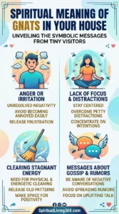 This educational infographic titled "Spiritual Meaning of Gnats in Your House" is divided into four quadrants by a central blue line. Each quadrant features a unique cartoon illustration, such as a frustrated man surrounded by clouds or a woman meditating peacefully while gnats swarm around her. The color palette uses calming blues and oranges with soft decorative borders and heart icons in the corners. Text descriptions under each image explain the metaphysical reasons for these tiny insects appearing in a living space.