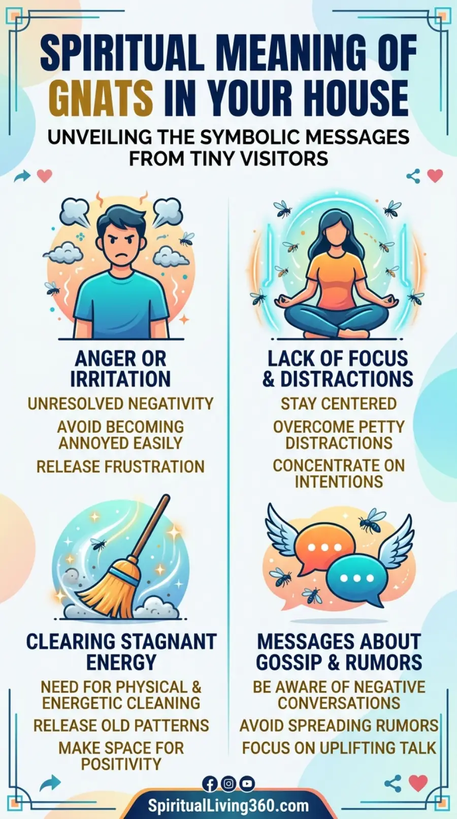 This educational infographic titled "Spiritual Meaning of Gnats in Your House" is divided into four quadrants by a central blue line. Each quadrant features a unique cartoon illustration, such as a frustrated man surrounded by clouds or a woman meditating peacefully while gnats swarm around her. The color palette uses calming blues and oranges with soft decorative borders and heart icons in the corners. Text descriptions under each image explain the metaphysical reasons for these tiny insects appearing in a living space.