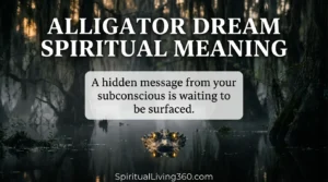 This image shows a large alligator resting in a dark, misty swamp under soft moonlight with its eyes visible above the water line. The text "Alligator Dream Spiritual Meaning" is displayed prominently at the top of the dark green and blue composition. In the center, a thoughtful question about intuition is written in white script over the murky water. The website SpiritualLiving360.com is neatly placed at the bottom edge to provide a professional brand finish.
