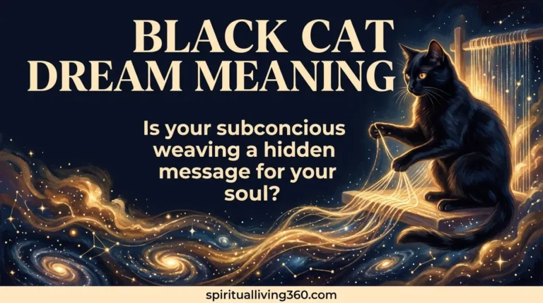 A sleek black cat weaves golden threads of light into a celestial tapestry under a glowing amber sunset. The top of the image features the bold text "BLACK CAT DREAM MEANING" in large letters. Centered in the middle is the question "Is your subconscious weaving a hidden message for your soul?" The bottom edge displays the website URL "spiritualliving360.com" against a dark background. The cat’s eyes glow with a soft golden hue reflecting the cosmic light.