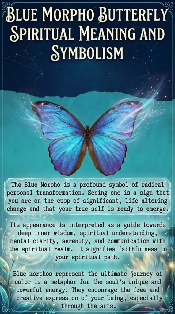 This vertical image features a vibrant Blue Morpho Butterfly with iridescent turquoise and deep indigo wings centered against a textured teal and navy background. Above the butterfly, the bold cream-colored text reads "Blue Morpho Butterfly Spiritual Meaning and Symbolism" set against a dark night sky filled with faint constellations. Three semi-transparent glass-like text boxes below the butterfly contain detailed descriptions of radical personal transformation and spiritual wisdom. The bottom of the image is decorated with ethereal glowing plants and a faint golden zodiac wheel that enhances the mystical theme.