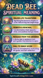 An enchanting infographic titled "Dead Bee Spiritual Meaning" features a large, central illustration of a bumblebee resting peacefully on a bed of vibrant lotus flowers and moss. The background displays a magical nighttime scene with a glowing moon, honeycombs in the upper corners, and tiny floating sparkles. Four horizontal gold-bordered cards contain symbolic interpretations accompanied by circular icons showing a doorway, a sprout, a hamsa hand, and a meditating figure with chakras. The bottom of the image includes the SpiritualLiving360.com website URL against a dark blue banner.