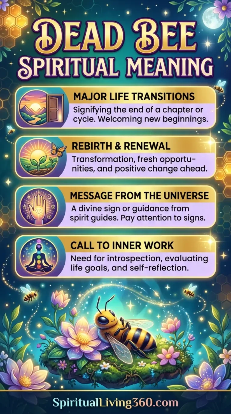An enchanting infographic titled "Dead Bee Spiritual Meaning" features a large, central illustration of a bumblebee resting peacefully on a bed of vibrant lotus flowers and moss. The background displays a magical nighttime scene with a glowing moon, honeycombs in the upper corners, and tiny floating sparkles. Four horizontal gold-bordered cards contain symbolic interpretations accompanied by circular icons showing a doorway, a sprout, a hamsa hand, and a meditating figure with chakras. The bottom of the image includes the SpiritualLiving360.com website URL against a dark blue banner.
