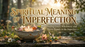 A cracked ceramic bowl repaired with shimmering gold joins sits on a weathered wooden log, perfectly illustrating the imperfection spiritual meaning through the art of Kintsugi. Inside the bowl, a small white candle burns brightly among delicate wildflowers and smooth river stones, casting a warm glow over the scene. The background features a soft-focus sunlit forest where golden light filters through the trees, creating a serene and natural ambiance. Large, elegant gold-textured text at the top reads "Spiritual Meaning of Imperfection" with a smaller subtitle about finding grace and wholeness.