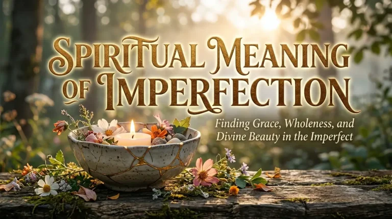 A cracked ceramic bowl repaired with shimmering gold joins sits on a weathered wooden log, perfectly illustrating the imperfection spiritual meaning through the art of Kintsugi. Inside the bowl, a small white candle burns brightly among delicate wildflowers and smooth river stones, casting a warm glow over the scene. The background features a soft-focus sunlit forest where golden light filters through the trees, creating a serene and natural ambiance. Large, elegant gold-textured text at the top reads "Spiritual Meaning of Imperfection" with a smaller subtitle about finding grace and wholeness.