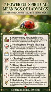 A detailed spiritual guide titled 7 Powerful Spiritual Meanings of Ladybugs. At the top, a vibrant ladybug rests on a green leaf illuminated by a golden glow. The main body lists seven numbered meanings: Overcoming Financial Stress, Healing from People Pleasing, Rekindling a Hardened Heart, Clearing Mental Fog, Rising Above Toxicity, Ending Loneliness and Isolation, and Reclaiming Creative Spark. Each point features a small icon, such as a money bag, a shield, and a lightbulb, accompanied by encouraging text about abundance and protection.