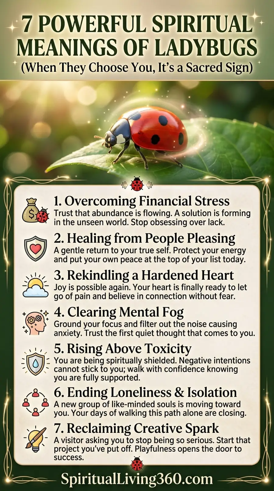 A detailed spiritual guide titled 7 Powerful Spiritual Meanings of Ladybugs. At the top, a vibrant ladybug rests on a green leaf illuminated by a golden glow. The main body lists seven numbered meanings: Overcoming Financial Stress, Healing from People Pleasing, Rekindling a Hardened Heart, Clearing Mental Fog, Rising Above Toxicity, Ending Loneliness and Isolation, and Reclaiming Creative Spark. Each point features a small icon, such as a money bag, a shield, and a lightbulb, accompanied by encouraging text about abundance and protection.