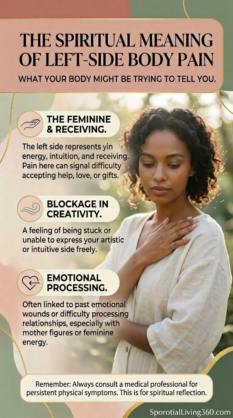 A woman in a cream-colored linen outfit stands in a blurred outdoor setting, holding her hand to her left shoulder in a reflective pose. The image features a large text overlay with the heading "THE SPIRITUAL MEANING OF LEFT-SIDE BODY PAIN." Three distinct sections explain the connection to feminine energy, creative blockages, and emotional processing. The design uses earthy tones like sage and terracotta with gold accents. The website address SpiritualLiving360.com is visible at the bottom.