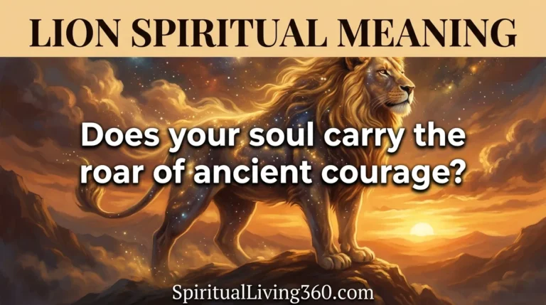 A majestic celestial lion made of golden stars stands on a dark mountain peak under a glowing sunset sky. The top text reads Lion Spiritual Meaning in large bold letters while the center asks if your soul carries ancient courage. At the very bottom the website URL SpiritualLiving360.com is displayed clearly against the landscape. The illustration uses a warm painted style with rich textures and dramatic golden hour lighting.