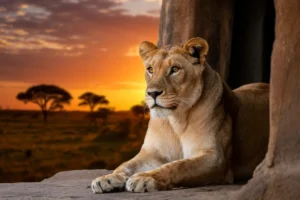 A majestic lioness rests vigilantly at the entrance of her den, representing the biblical fortress of the home. Her steady gaze and powerful stature show the spiritual authority and quiet strength mentioned in sacred texts. The savanna is bathed in the golden light of sunset, showing the lioness spirit animal biblical meaning as a protector. Every detail, from her muscular form to her alert ears, shows the nurturing strength of a soul.