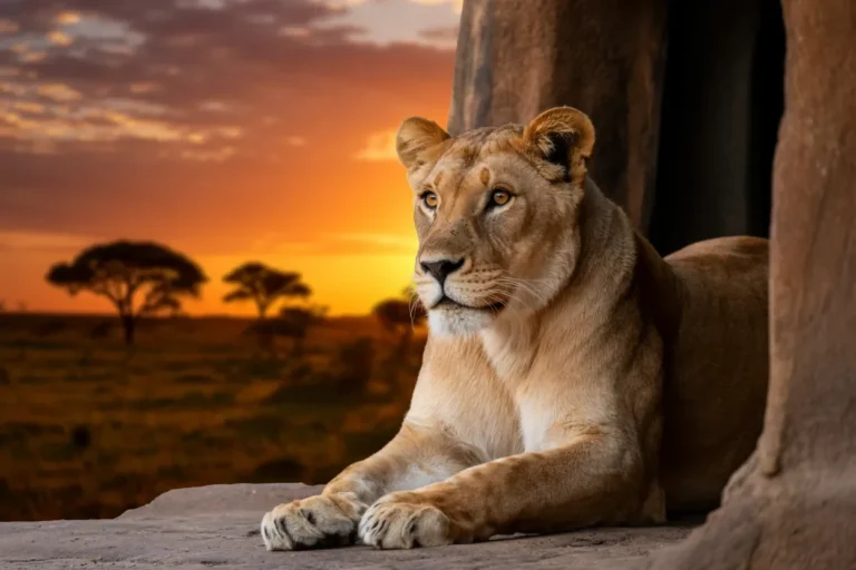 A majestic lioness rests vigilantly at the entrance of her den, representing the biblical fortress of the home. Her steady gaze and powerful stature show the spiritual authority and quiet strength mentioned in sacred texts. The savanna is bathed in the golden light of sunset, showing the lioness spirit animal biblical meaning as a protector. Every detail, from her muscular form to her alert ears, shows the nurturing strength of a soul.