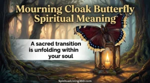 A large dark butterfly with yellow-edged wings sits atop a glowing vintage lantern in a misty forest. Big bold text at the top reads Mourning Cloak Butterfly Spiritual Meaning while the center features a spiritual statement. The artwork uses a warm painted style with deep shadows and golden light highlights. Small branding text is visible at the bottom against the forest floor.