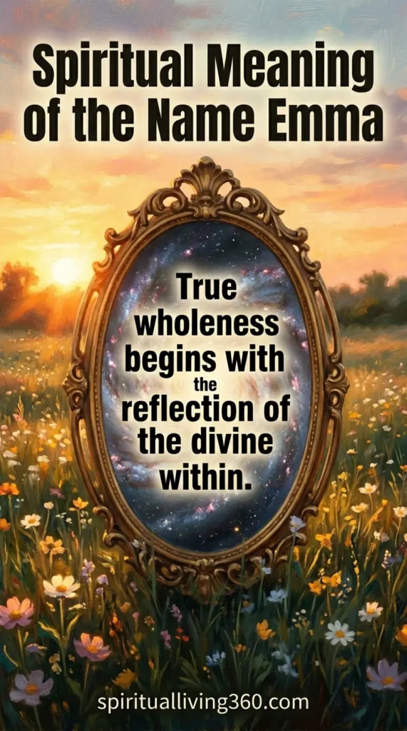A painted illustration depicts an ornate golden mirror in a field of flowers reflecting a deep purple galaxy. The upper section features the main title "Spiritual Meaning of the Name Emma" in large bold typography. The center of the mirror contains the rendered text "True wholeness begins with the reflection of the divine within." Golden sunset light bathes the entire scene in a warm, ethereal glow. The website "spiritualliving360.com" is printed clearly at the very bottom of the composition.