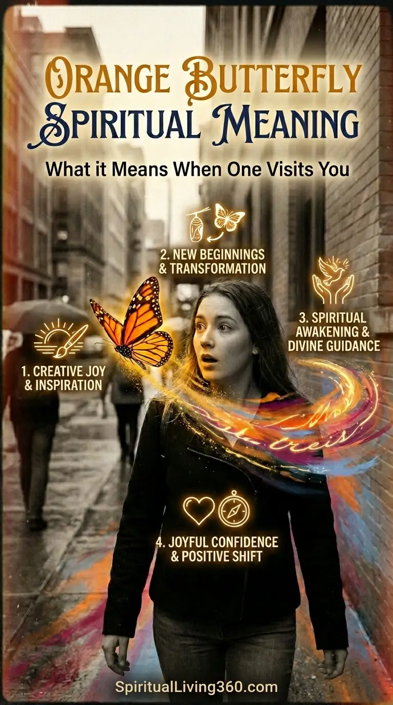 This vertical graphic features a woman in a black jacket looking up in awe as a vibrant orange Monarch butterfly flutters near her face on a rainy city street. A colorful, swirling trail of light in pink, orange, and blue hues circles around her, creating a sense of magical energy. Large stylized text at the top reads "ORANGE BUTTERFLY SPIRITUAL MEANING" with a subtitle that asks "What it Means When One Visits You." Four numbered points are scattered around the image, each paired with a gold icon: Creative Joy & Inspiration, New Beginnings & Transformation, Spiritual Awakening & Divine Guidance, and Joyful Confidence & Positive Shift. The website "SpiritualLiving360.com" is printed clearly at the very bottom of the frame.