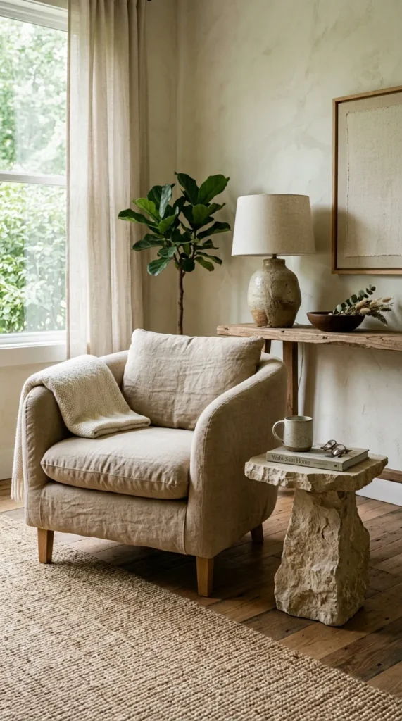 A picture of a Wabi-Sabi living room corner, featuring a high-contrast pairing of textures. A soft, oatmeal-colored, rumpled linen armchair is positioned next to a rough-hewn, raw-edge stone side table that looks like it was cut directly from a rock. The background is a gently textured plaster wall. The lighting is low-key and directional, highlighting the roughness of the stone against the softness of the fabric.