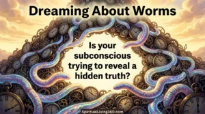 Iridescent earthworms tunnel through a mountain of vintage clocks under a warm golden sky in a symbolic painting. The phrase Dreaming About Worms is written in big bold letters across the top of the scene. In the middle of the image, the question Is your subconscious trying to reveal a hidden truth? is clearly visible. The branding SpiritualLiving360.com is placed at the bottom border in a clean font.