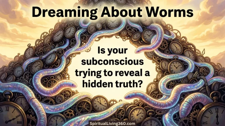 Iridescent earthworms tunnel through a mountain of vintage clocks under a warm golden sky in a symbolic painting. The phrase Dreaming About Worms is written in big bold letters across the top of the scene. In the middle of the image, the question Is your subconscious trying to reveal a hidden truth? is clearly visible. The branding SpiritualLiving360.com is placed at the bottom border in a clean font.