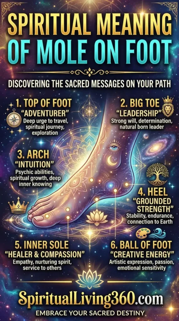 An intricate infographic titled "SPIRITUAL MEANING OF MOLE ON FOOT" shows a detailed illustration of a foot covered in glowing mandala patterns and celestial symbols like a moon and eye. Six numbered callouts point to different locations on the foot, such as the big toe for "Leadership," the arch for "Intuition," and the heel for "Grounded Strength." Each point includes a title and a brief explanation of the spiritual journey or personality trait associated with that mole. The background is a dark, starry nebula with a glowing lotus and the logo for SpiritualLiving360.com.