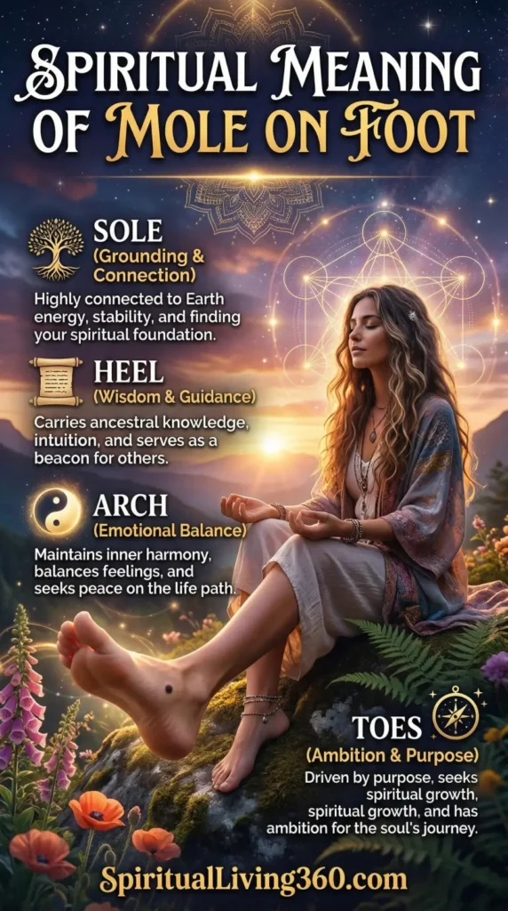 In this educational graphic titled "SPIRITUAL MEANING OF MOLE ON FOOT," a woman sits in a meditative pose on a mossy rock during a vibrant golden sunset. The foreground displays a close-up of her bare foot with a prominent dark mole on the arch, while text callouts with gold icons define the spiritual significance of various placements. Symbols like a Tree of Life for the sole and a Yin Yang for the arch explain traits such as "Grounding & Connection" and "Emotional Balance." The scene is set against a lush landscape of blooming foxgloves and poppies, under a sky featuring a glowing Metatron’s Cube.