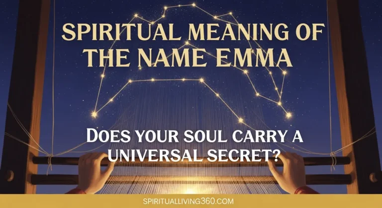 A beautiful editorial illustration shows a golden loom weaving stars into a celestial tapestry under a twilight sky. The top of the image features the bold text "Spiritual Meaning of the Name Emma" in white. In the center, the question "Does your soul carry a universal secret?" is displayed in a clear, bold font. The bottom of the graphic includes the website address "spiritualliving360.com." The overall atmosphere is magical and serene with warm golden lighting.