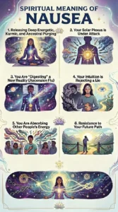 An educational spiritual infographic titled "SPIRITUAL MEANING OF NAUSEA" featuring six detailed illustrations on a light, textured background. The panels depict a woman breaking silver chains in a cosmic setting, a silhouette with a glowing yellow sun at the stomach, and a person lying in bed receiving rainbow light. Other scenes show a woman with a third eye rejecting a dark figure, a man overwhelmed by colorful energy clouds from a crowd, and a person walking a golden path between mountains. The bottom of the image features a woman in a purple dress surrounded by breaking chains and sacred geometry symbols.