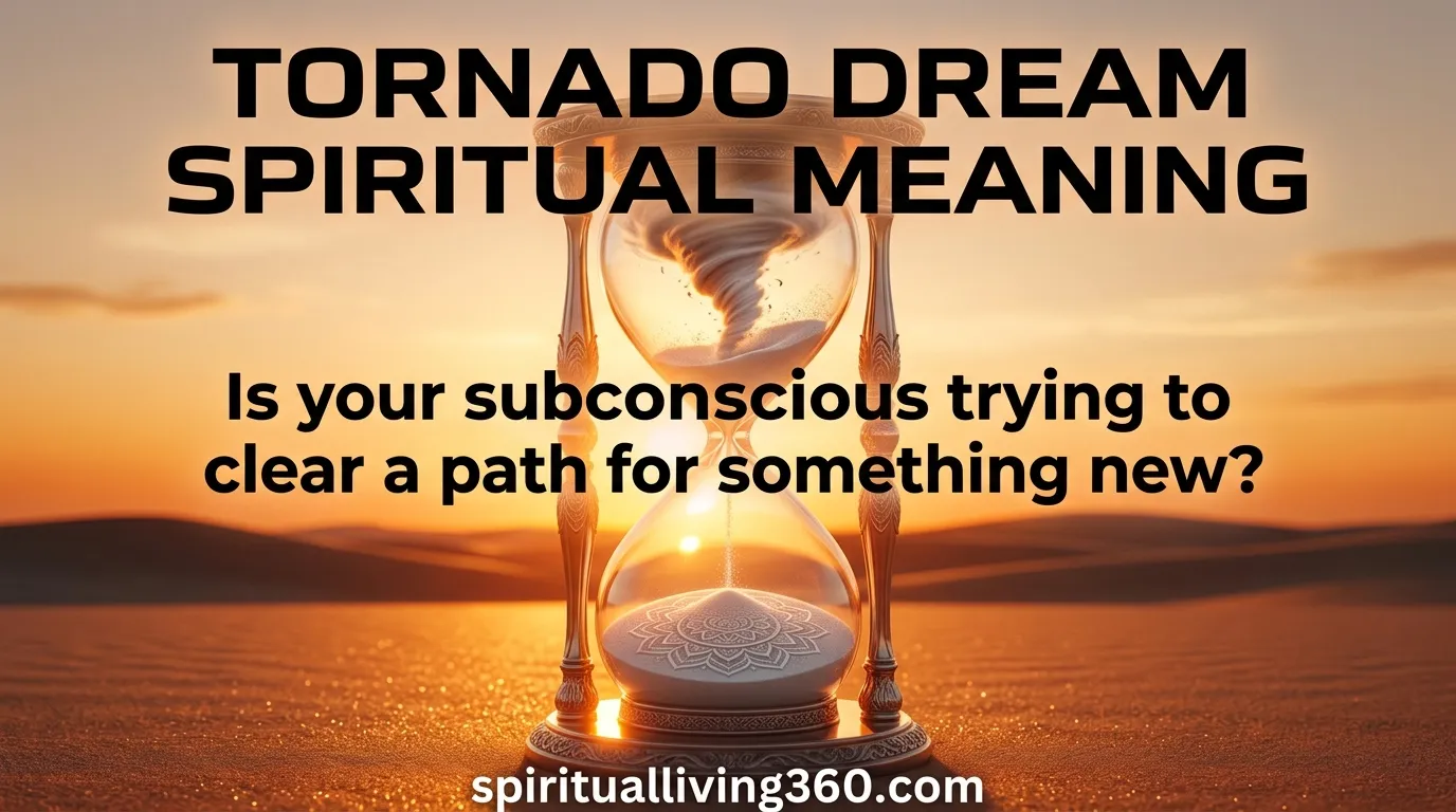 A narrative painting features a large glass hourglass with a white sand tornado inside the top section. The bold title at the top states "TORNADO DREAM SPIRITUAL MEANING" in high-contrast text. In the middle, the question "Is your subconscious trying to clear a path for something new?" is prominently displayed. At the bottom, the URL spiritualliving360.com is written clearly. The scene is illuminated by a vibrant orange sunset.
