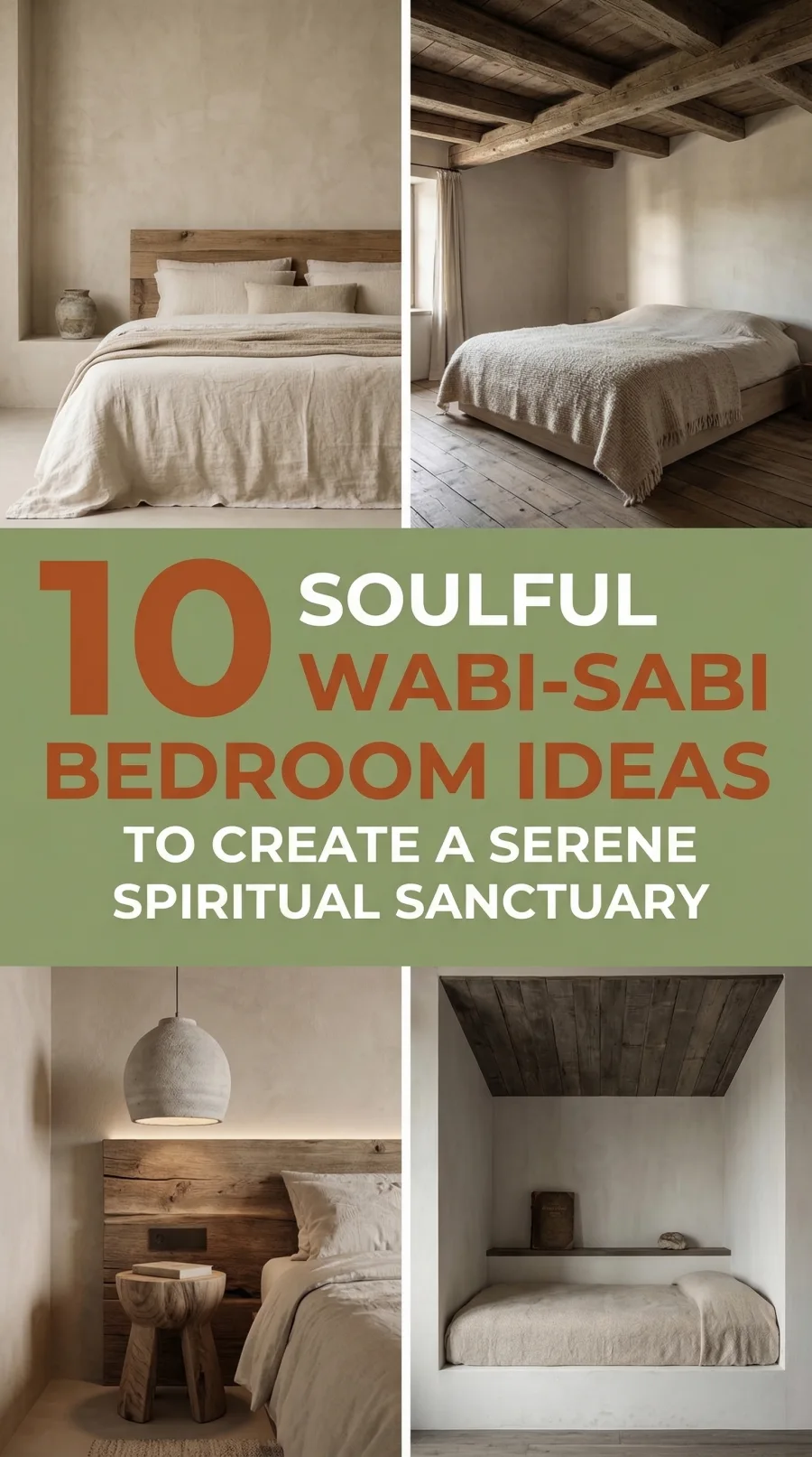 This collage features four distinct images of a Wabi-Sabi Bedroom, highlighting minimalist sleeping quarters with raw wooden headboards and textured linen bedding. A central green banner with orange and white text reads "10 SOULFUL WABI-SABI BEDROOM IDEAS TO CREATE A SERENE SPIRITUAL SANCTUARY." The visual elements include exposed ceiling beams, lime-washed walls, a stone pendant light, and a cozy built-in sleeping nook with a rustic timber ceiling. Each room uses an monochromatic palette of oatmeal, cream, and natural wood to create a sense of deep architectural stillness and organic warmth.
