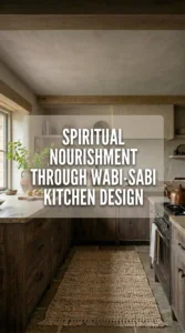 This image features a serene, rustic kitchen space that embodies the principles of a Wabi-Sabi Kitchen through its use of natural, aged materials. Weathered wood cabinets with deep grain patterns sit beneath a thick, raw-edged stone countertop that shows organic imperfections. In the background, a copper teakettle rests on a professional-grade gas range, while soft sunlight streams through a window onto a sprig of green foliage in a ceramic vase. A textured jute runner lies on the stone tile floor, leading the eye toward the warm, exposed ceiling beams and plastered walls.