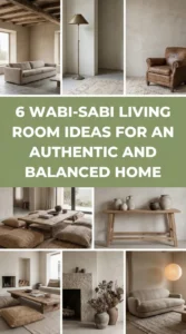 This collage showcases several Wabi-Sabi Living Room design concepts through a grid of high-aesthetic photos featuring earth-toned furniture and natural materials. Central white text on a sage green banner reads "6 WABI-SABI LIVING ROOM IDEAS FOR AN AUTHENTIC AND BALANCED HOME." The surrounding images display low-profile linen sofas, weathered wood coffee tables, stone fireplaces, and floor cushions made of woven jute. Each scene utilizes a neutral palette of beige, tan, and charcoal, emphasizing organic textures like lime-wash walls and rustic ceramics.