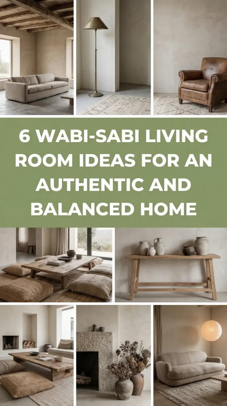 This collage showcases several Wabi-Sabi Living Room design concepts through a grid of high-aesthetic photos featuring earth-toned furniture and natural materials. Central white text on a sage green banner reads "6 WABI-SABI LIVING ROOM IDEAS FOR AN AUTHENTIC AND BALANCED HOME." The surrounding images display low-profile linen sofas, weathered wood coffee tables, stone fireplaces, and floor cushions made of woven jute. Each scene utilizes a neutral palette of beige, tan, and charcoal, emphasizing organic textures like lime-wash walls and rustic ceramics.