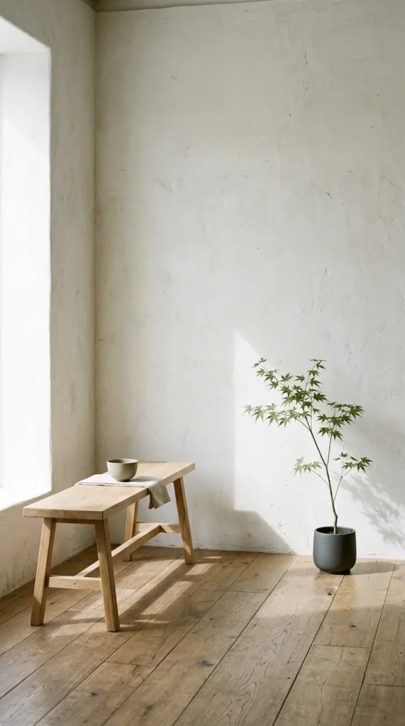 A minimalist living room corner where the concept of "meaningful empty" (the space between) is central. A low, simple bench rests against a bare, textured off-white plaster wall. Sunlight from an unseen window creates distinct, soft shadows across the floor and the wall. The space is uncluttered; the elements present (a single plant and the bench) are given ample room to breathe, creating a profound sense of calm and mental clarity. (Style: Minimalist, Japanese aesthetic, high natural light, serene composition, intentional empty space)