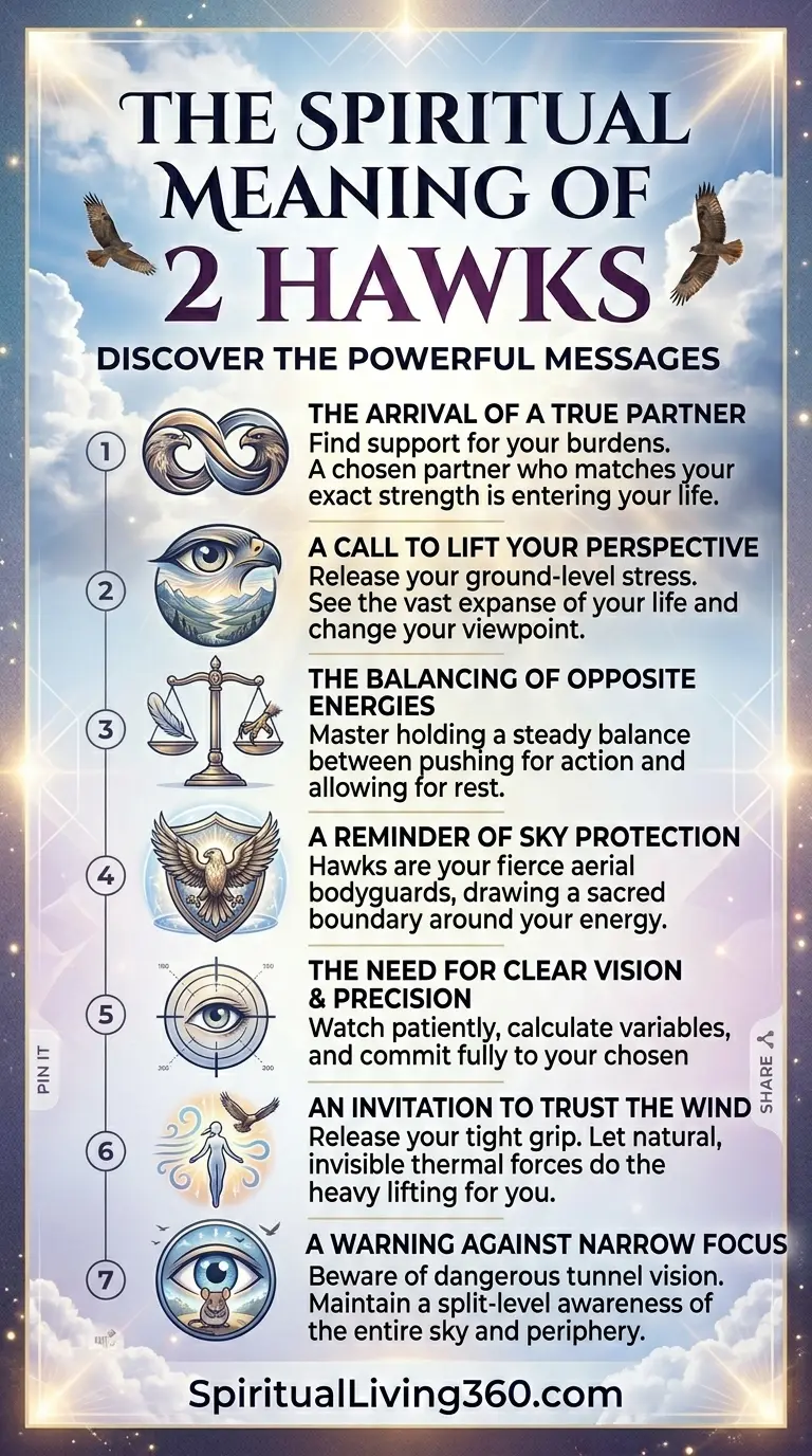 This informative graphic explains the spiritual meaning of seeing two hawks circling, detailing seven powerful messages ranging from partnership to perspective. The first few meanings include the arrival of a true partner who matches your strength and a call to lift your perspective to see the vast expanse of your life. Middle points highlight the balancing of opposite energies—action and rest—and the reminder of "sky protection" where hawks act as aerial bodyguards. Finally, the guide emphasizes the need for clear vision, trusting natural forces, and a warning against narrow tunnel vision.