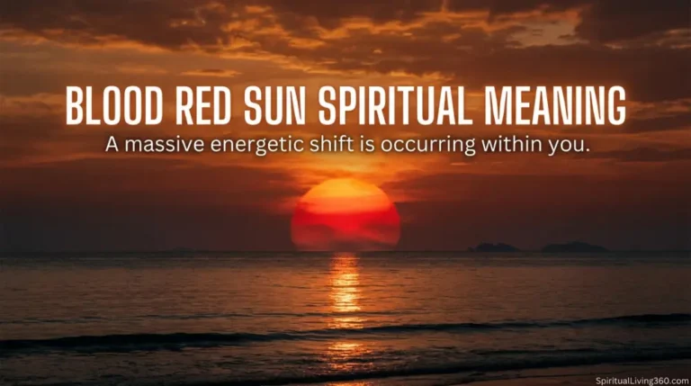 A giant, vibrant red sun hangs low on the horizon, casting a fiery glow across the hazy evening sky. The main title "blood red sun spiritual meaning" is placed at the top in a bold, impactful white font. A subheading centered in the image describes a massive energetic shift occurring within the viewer's soul. The brand name SpiritualLiving360.com is visible at the very bottom of the atmospheric landscape.