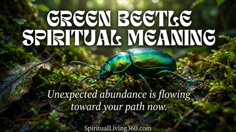 An emerald green beetle reflects light as it crawls over dark green moss in a forest setting. The bold text "green beetle spiritual meaning" is layered at the top of the Pinterest pin image. A centered subheading discusses the flow of unexpected abundance in a clean serif typeface. The brand URL SpiritualLiving360.com is visible at the base of the high-resolution nature photograph.